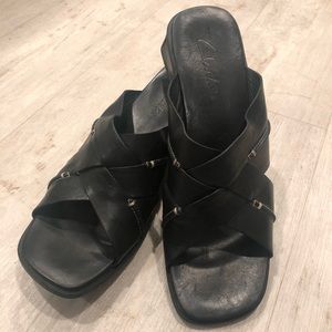Clarks Black Leather Slide Sandals Size 9